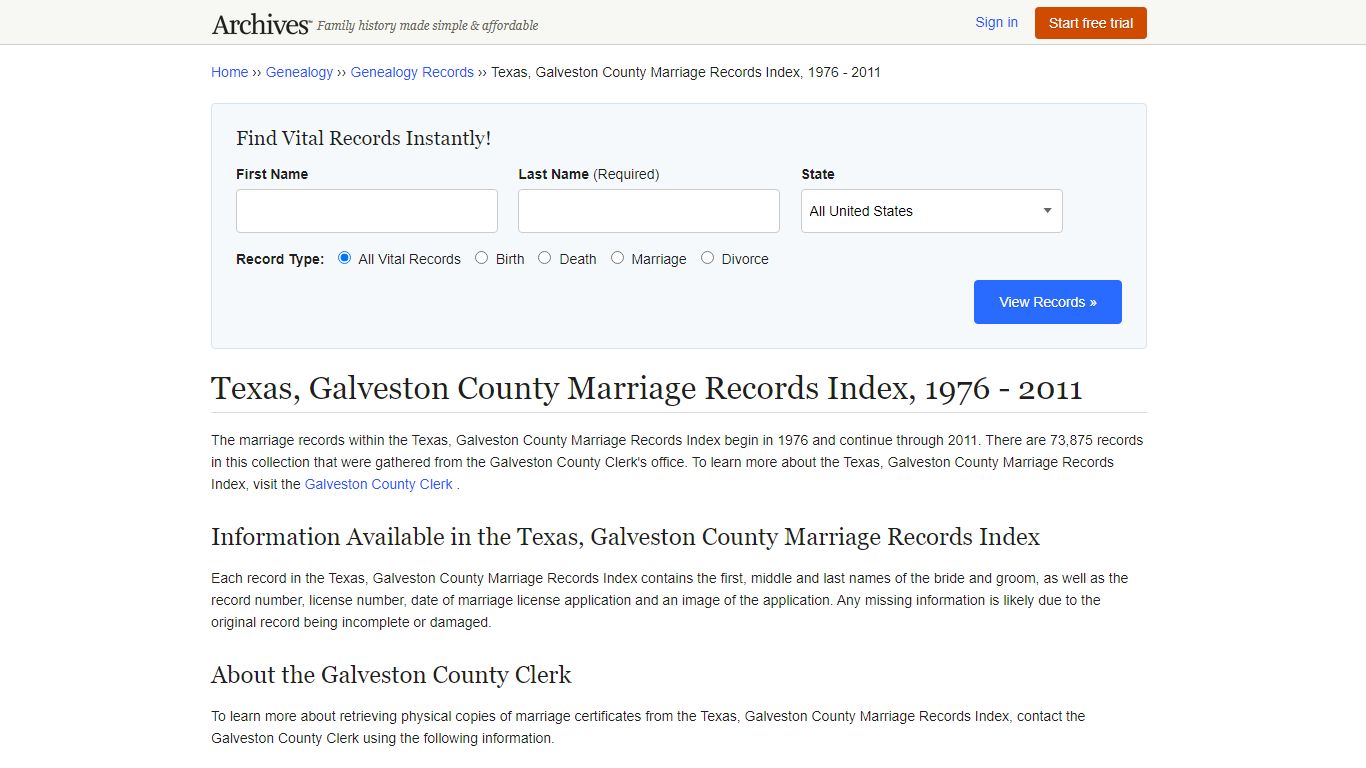 Texas, Galveston County Marriage Records Index, 1976 - 2011 - Archives.com